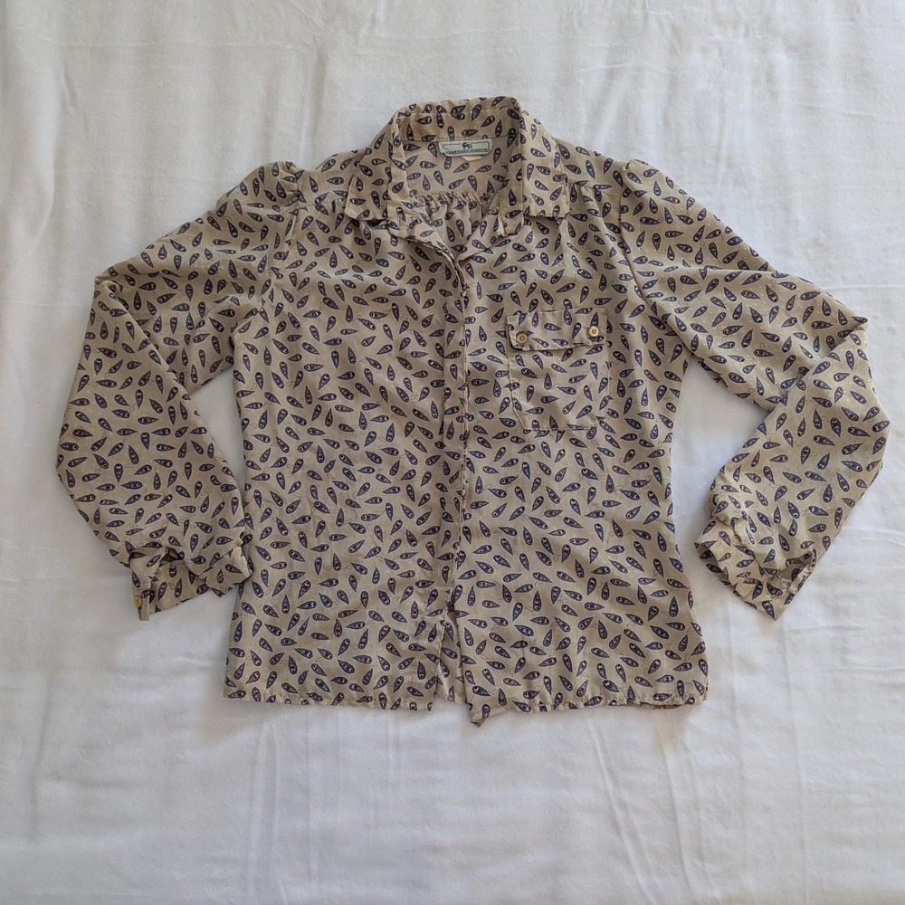 Vtg Jonathan Martin Blouse Tan Paisley Print Button Front Sz 9/10 70s Boho